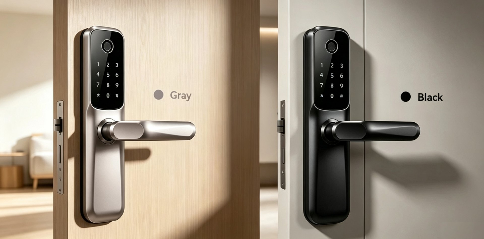 Trueway RF-2 key-swappable smart lock in black and silver finishes