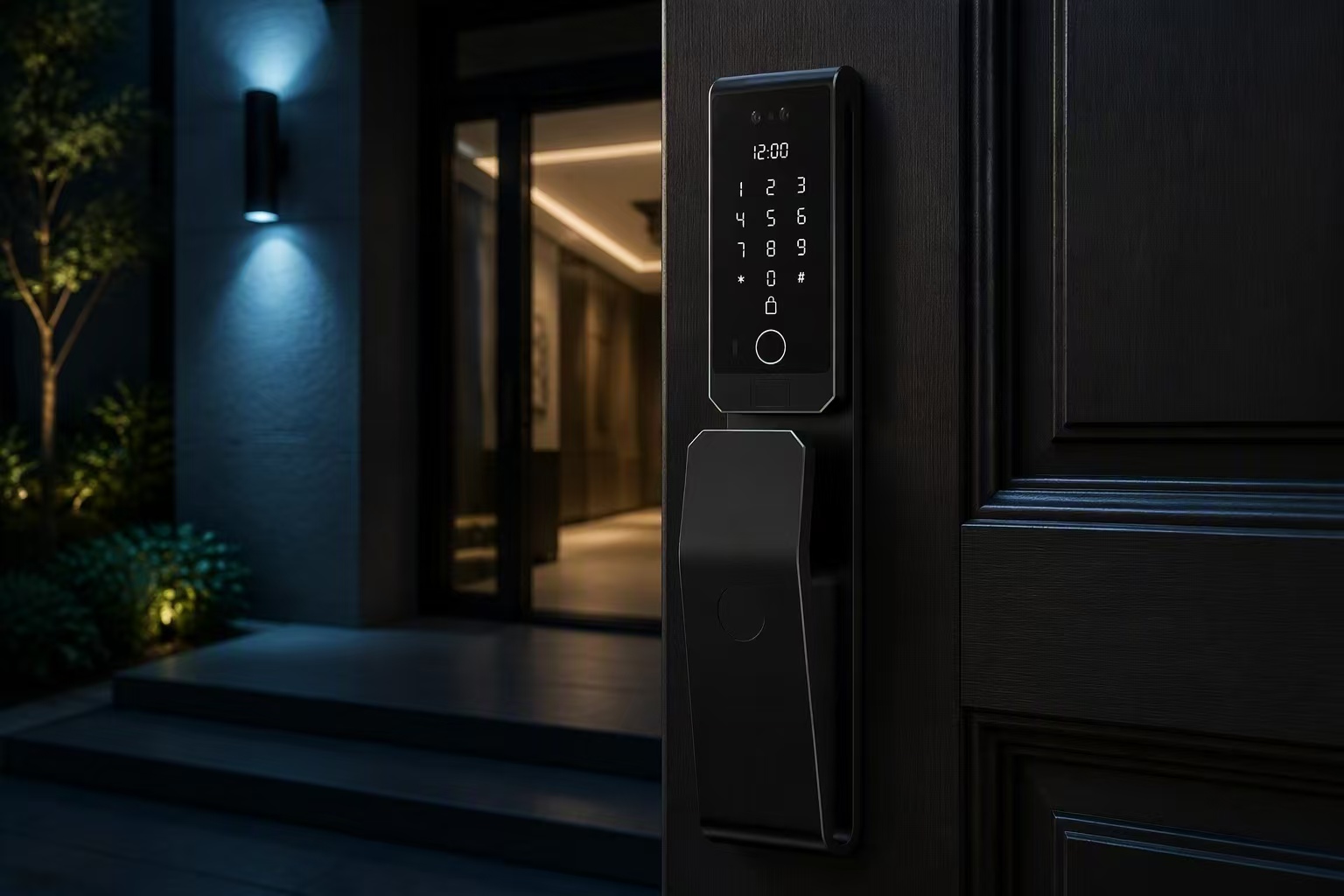 Флагманский умный замок Trueway RF-3, установленный на современной двери ночью
